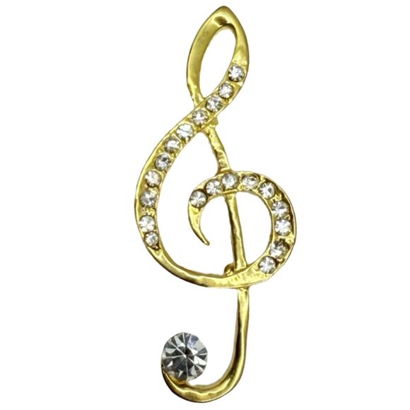 Vintage Crystal Music Note Brooch Pin 2", Gold-Tone, Elegant Treble Clef - Picture 1 of 10